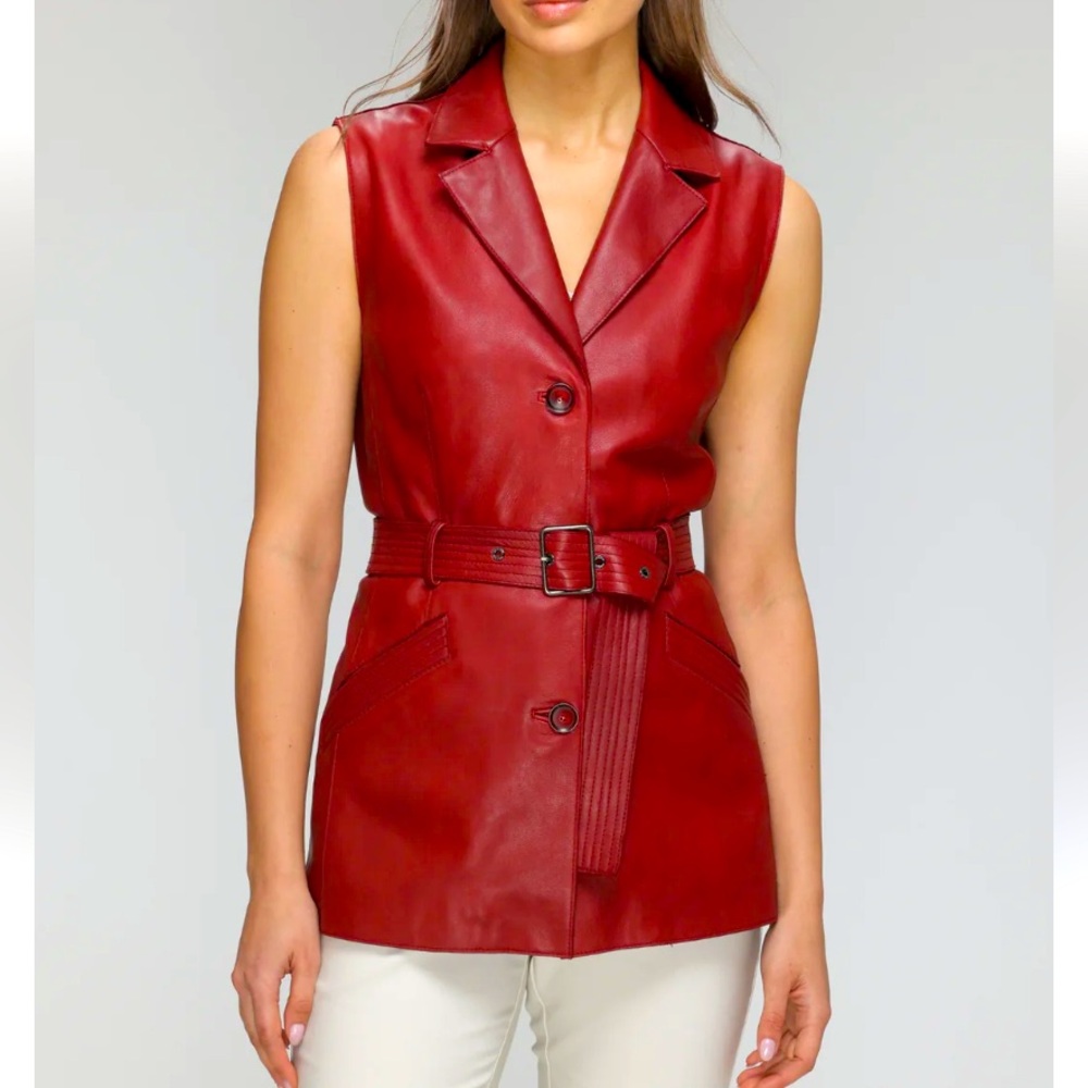 DANIER Red Long Genuine Leather Full Linen Full Zipper Closure Vest Size L
